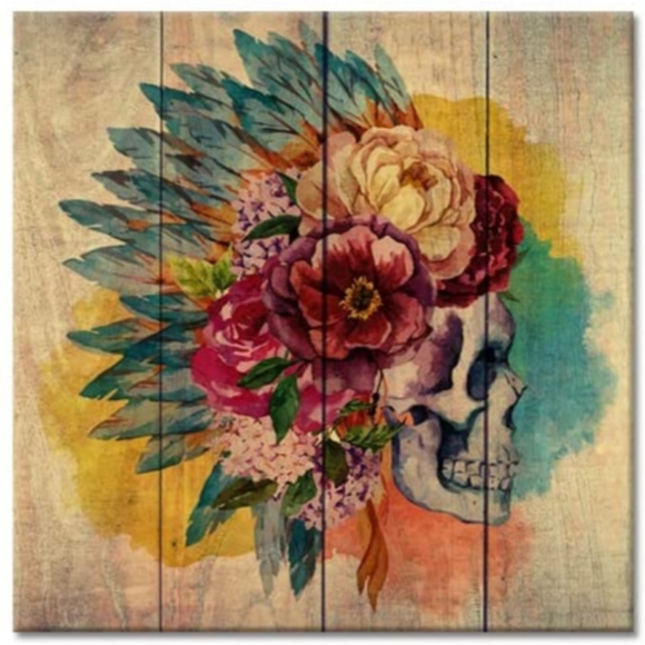 Skull Flowers Feathers Giclee Print Gallery Wrapped Canvas Colorful Wall Art New - Picture 1 of 5